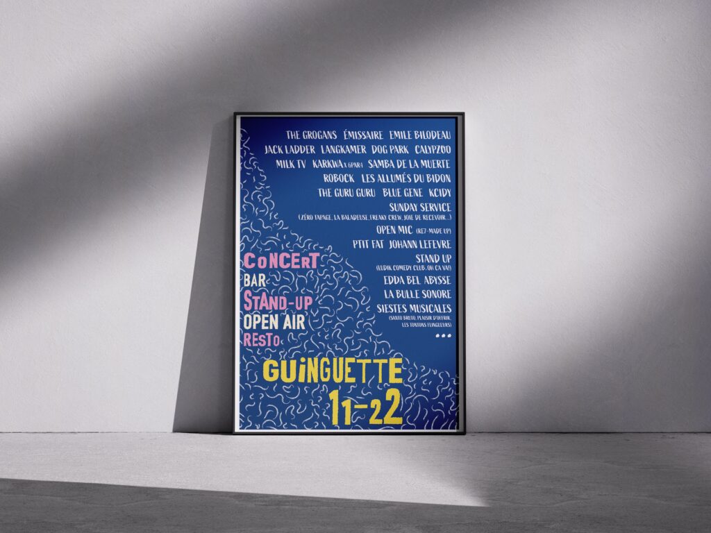 Affiche graphique de la saison 2024 de la Guinguette du 11-22, présentant la programmation culturelle estivale.