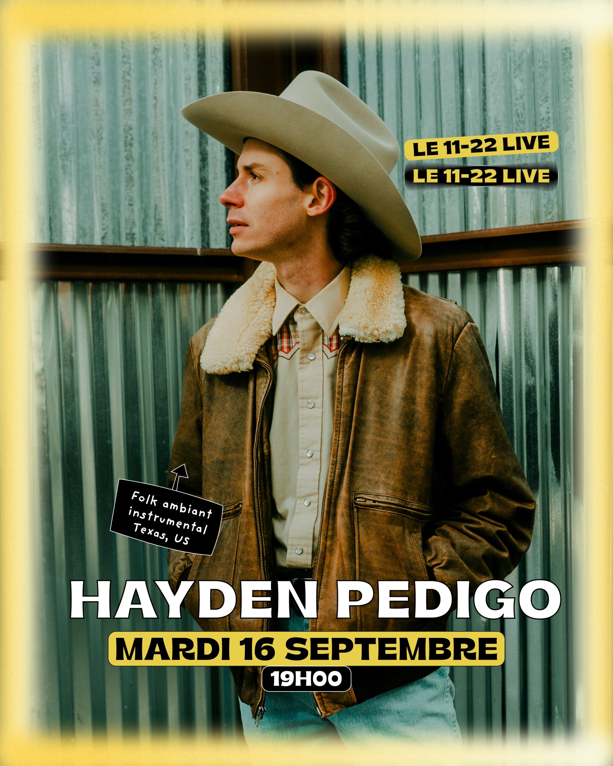 Affiche graphique de la Guinguette du 11-22, annonçant le concert de l'artiste Hayden Pedigo.