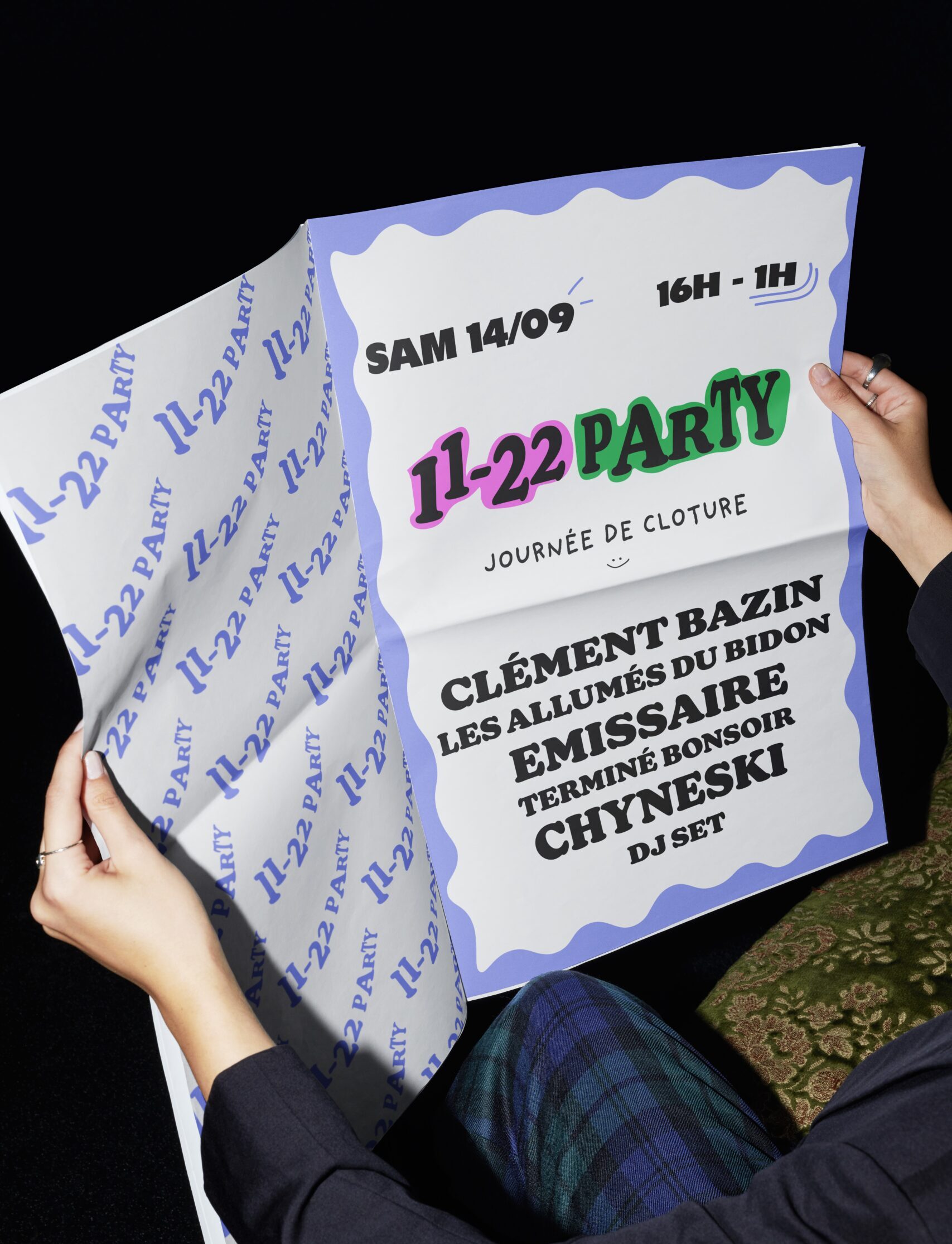 Affiche graphique de la Guinguette du 11-22, annonçant la programmation de la 11-22 Party.